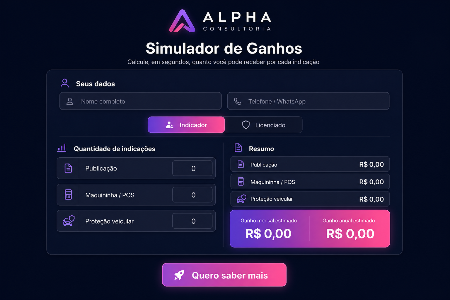 Mockup do Simulador de Ganhos PrimaPay